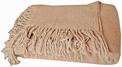 Blanket Throw Plaid Bedspread 100% New Zealand Merino Pure Sheep Wool with End Fringes Beige 140 x 200 cm