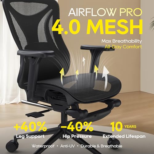 CYKOV Ergonomic Office Chair with Footrest - Adjustable Lumbar Support & Headrest, 90-160° Reclining Mesh Back Computer Chair - Home Office/Gaming, 150kg Capacity (Black, MESH)