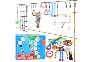 HYPONIX SPORTING Hyponix Ninja Obstacle Course for Kids – 2 x 60 ft Slacklines with 13 Weatherproof Obstacles – Monkey Net, Ratchet-Tight Tech, Supports 880 lbs – Climbing & Swinging Backyard Fun