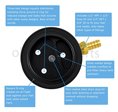 Ohio Diesel Parts Fuel Tank Sump Kit for Diesel or Gasoline Fuel Tanks with 1/2" and 5/8" Barb Sizes (Black) - Thumbnail 3