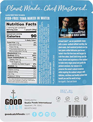GOOD CATCH Fish Free Tuna, Naked in Water, 3.3 oz. Pouch (Pack Of 12) | Gluten Free Vegan Protein | Plant Based Protein with Omega 3 DHA | Free from Eggs, Animal & Fish Products | Dairy Free | Non GMO