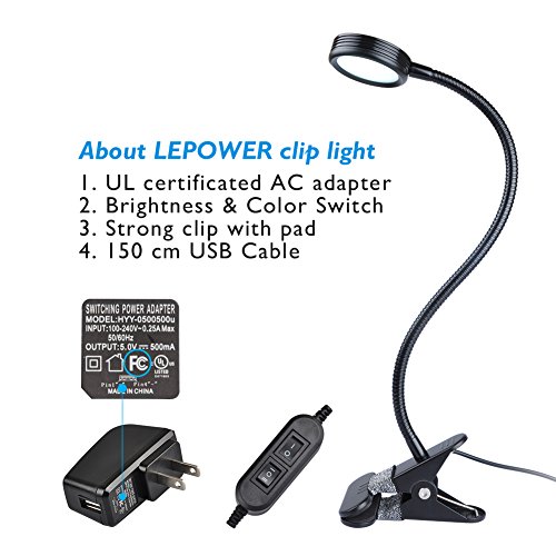 LEPOWER Clip on Light / Reading Light/ Light Color Changeable/ Night Light Clip on for Desk, Bed Headboard and Computers (Black)