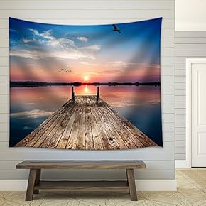 Perspective View of a Wooden Pier on The Pond at Sunset with Perfectly Specular Reflection - Fabric Wall Tapestry Home Decor - 51x60 inches
