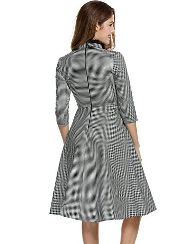 1940 3/4 Sleeve Large Swing Official Plaid Slim Dress ANGVNS Women Elegant Vintage