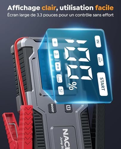 8000A Booster Batterie Voiture,Démarreur de Voiture (Jusqu’à 9 L Essence et 7 L Diesel),Jump Starter 12V avec Câbles de Démarrage Intégrés, Lampe LED et Écran LCD, Adapté aux Motos, SUV et Tondeuses