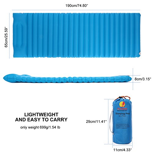 Andake 1.2lb Ultralight Sleeping Pad, Ultra-Compact Inflatable Air Sleeping Mat, Thickness for Backpacking, Camping, Hiking, Fishing, Outdoor Leisure, w/Air Pump Dry Sack Bag
