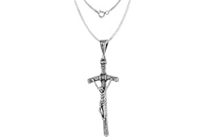 SABRINA SILVER 2 1/8 inch (53mm) Sterling Silver Pope John Paul II Pastoral Crucifix Necklace Oxidized finish available with or w/o Chain