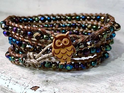 4 Wrap Bracelet, Tiny Heliotrop Beads &amp; Swarovski Crystals, Chan Luu Inspired, Antique Style Owl Button