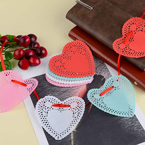 rivcoim Mini Valentine's Heart doilies 4 inch, Colors Red, Pink, White, and Blue(100 pcs)