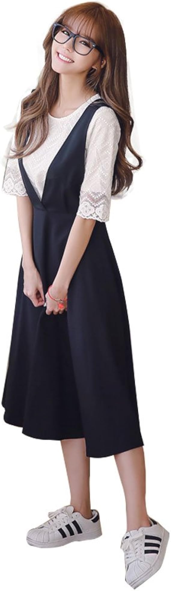 Amazon Co Jp Yusoi 2点セット オールインワン Vネック 白ブラウス レーストップス 短袖 レディースワンピース 春夏 ミディアム丈 フレアワンピース Aライン 服 ファッション小物