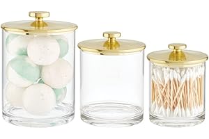 mDesign Plastic Apothecary Canister Jar Storage Organizer for Bathroom, Bedroom, Vanity, Kitchen Cabinet Organization - Holds Cotton Swab - Lumiere Collection - Set of 3 - Clear/Soft Brass