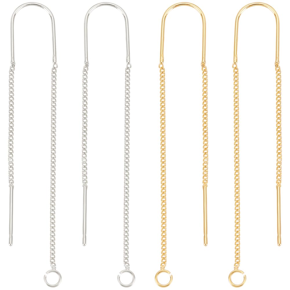 Beebeecraft 8Pcs 2 Colors Ear Threads 18K Gold & 925 Sterling Silver Plated String Earring Threader 60mm Pull Through Threaded Long Chain with 925 Sterling Silver Pins and Loop for DIY Earring Making