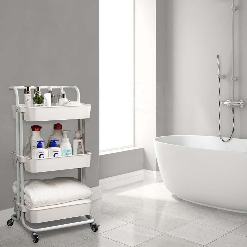 Coideal 3 Tier Rolling Utility Cart Trolley Storage Shelves Multifunction Service Cart with Mesh Basket Handle and Lockable Wheels for Bathroom Kitchen Office (White) : Office Products