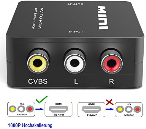 RCA to HDMI, 1080P Mini 3RCA Composite CVBS AV to HDMI Video Audio Converter Adapter Upscaling to 1080P Supporting PAL/NTSC with USB Charge Cable for PC Laptop Xbox PS4 PS3 TV STB VHS VCR Camera DVD