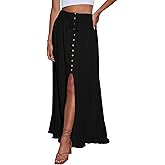 Minclouse Women's Elastic Tie Waist Button Down Maxi Skirts Casual Loose Flowy Swing Slit Front Dress