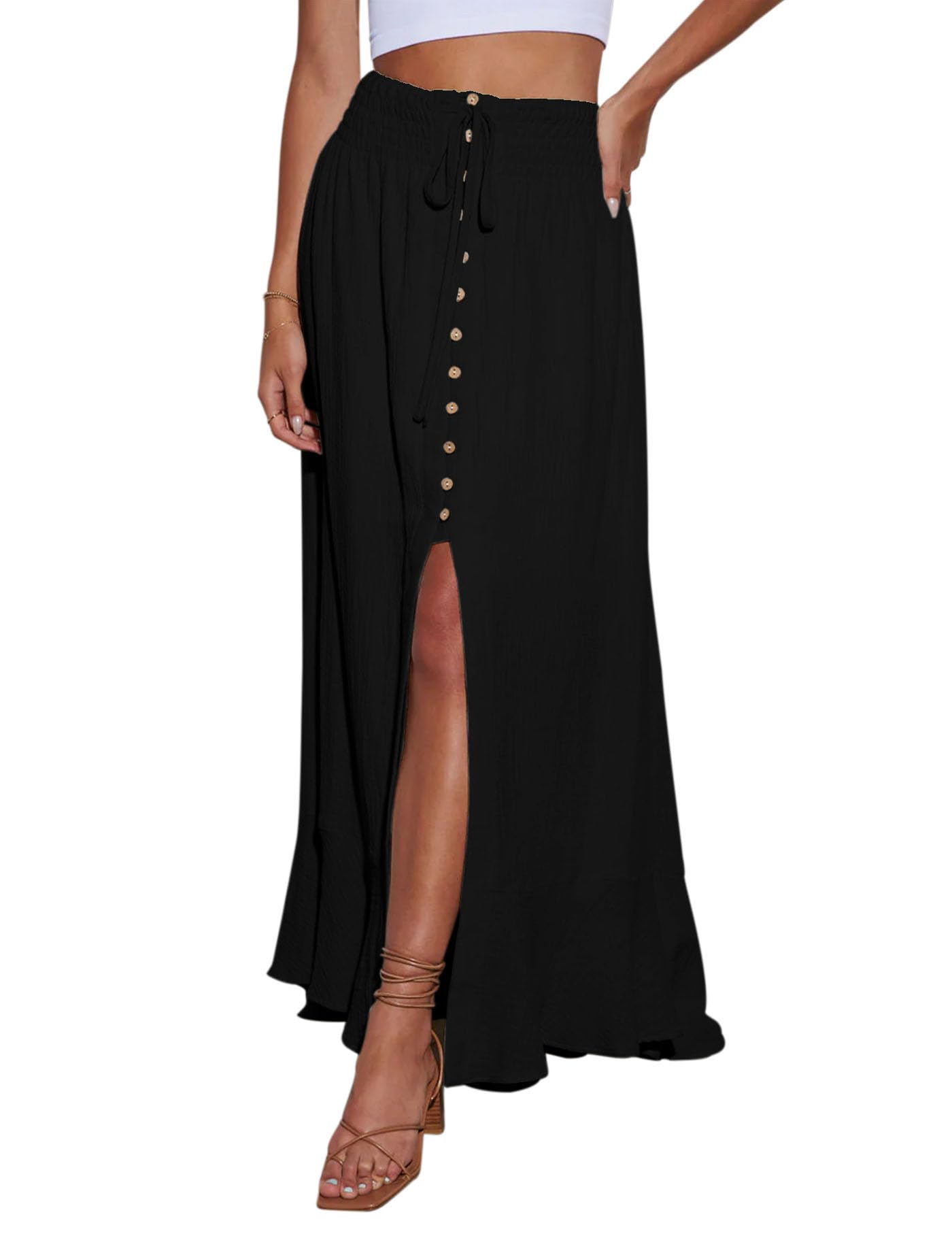 Photo 1 of Minclouse Women's Elastic Tie Waist Button Down Maxi Skirts Casual Loose Flowy Swing Slit Front Dress (Black,X-Large)