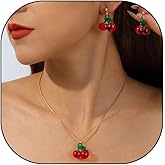 Red Cherry Fruit Pendant Necklace Earrings Jewelry Set Funny Sweet Cherry Stuffs for Women