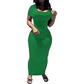 PINSV Women's Casual Bodycon Maxi Dress Summer Scoop Neck Short Sleeve Long Fitted Dresses Club Party