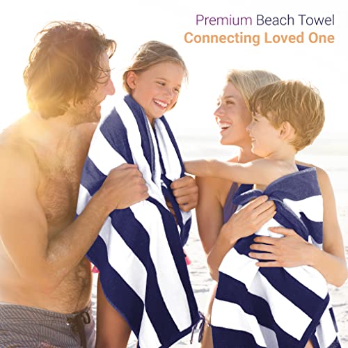 SweetNeedle Beach Towels for Adults Pack of 2 - Royal Blue-White Cabana Striped Classic - 100% Cotton Terry Ringspun Pool Towel, Quick Dry, Super Absorbent Swimming large towel, 76x152 cm