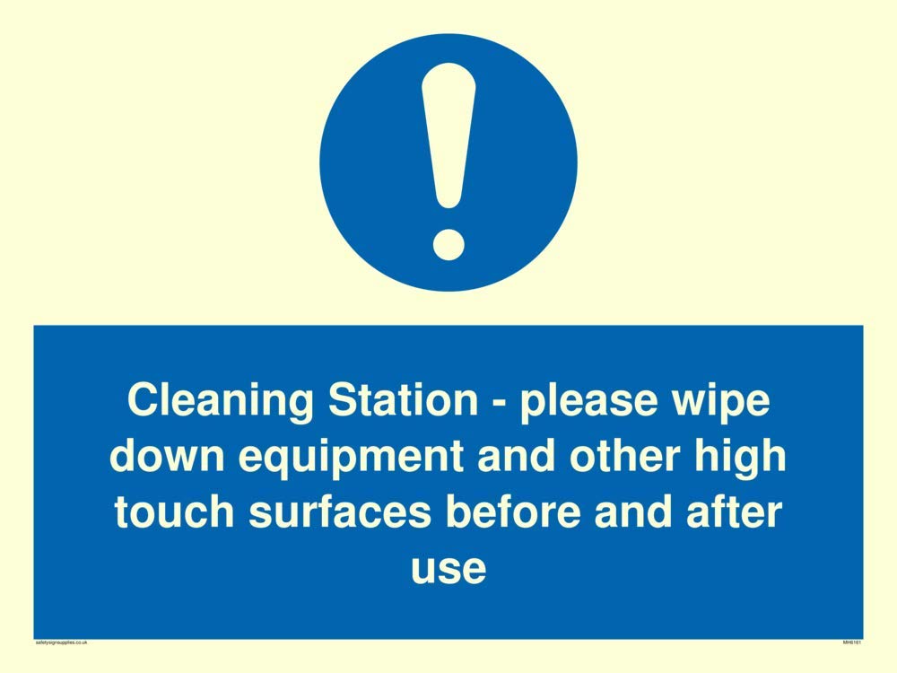 Cleaning Station - please wipe down equipment and other high touch surfaces before and after use