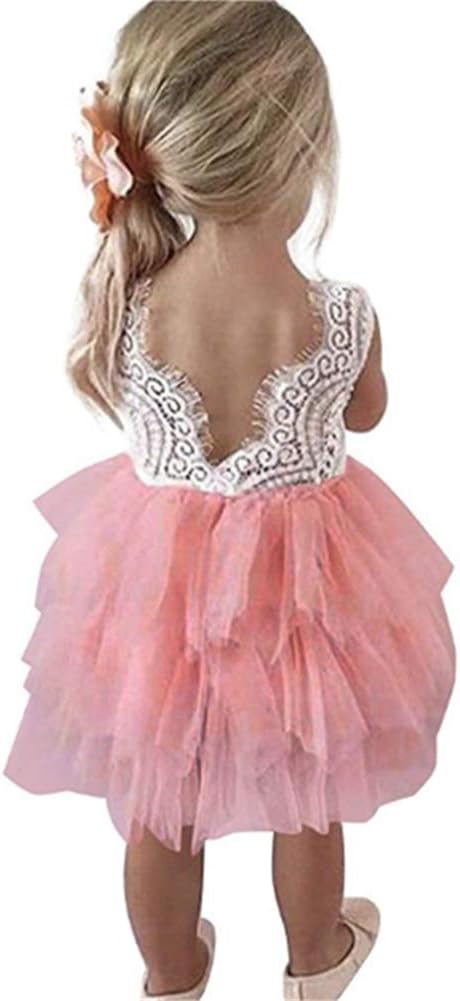 Toddler Big Flower Girls Dress Backless A-line Tulle Cake Tiered White Lace Wedding Party Princess Maxi Dress