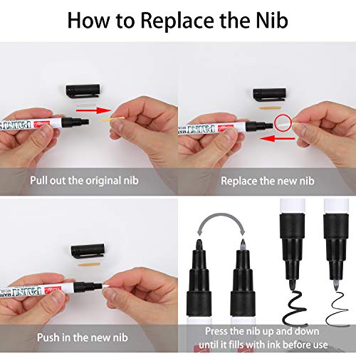 Paint Pens for Rock Painting-Stone, Ceramic, Metal, Glass, Wood, Set of 6 Fine Tip Oil Paint Markers High Volume Ink for DIY Craft Projects Quick Drying with 2 Extra Replaceable Nibs(3 Black3 White)