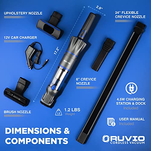 Ruvio PRO Cordless Hand Vacuum 17” Portable Vacuum Cleaner for Home and Car Use, Rechargeable