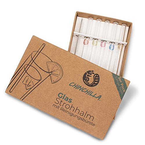 Chinchilla® 5er-Pack Glas Strohhalme | 15cm Transparent mit Logos | Wiederverwendbare & Plastikfreie Trinkhalme aus BPA…