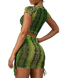 DeviFish - Vestido sexy de 2 piezas para mujer, con estampado de piel de serpiente, de malla, parte superior con cordones, mini falda