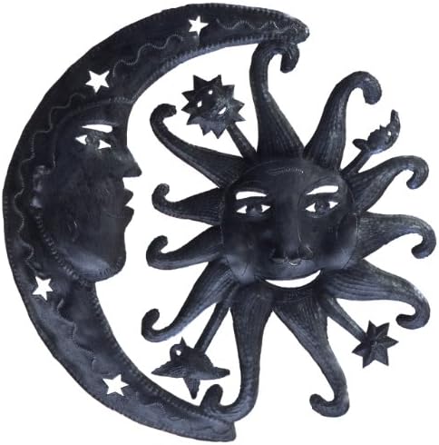 Le Primitif GalleriesHaitian Recycled Steel Oil Drum Outdoor Decor, 14 by 14-Inch, Heavenly Sun and Moon