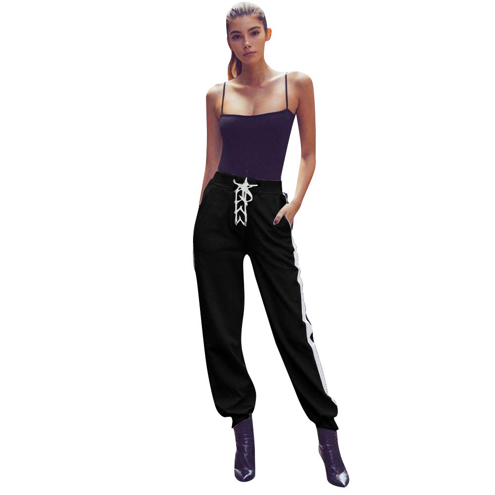 Dreamparis Women\'s Lace Up Pencil Pants - Casual High Waist Workout Sports Leggings with Pockets Medium Black