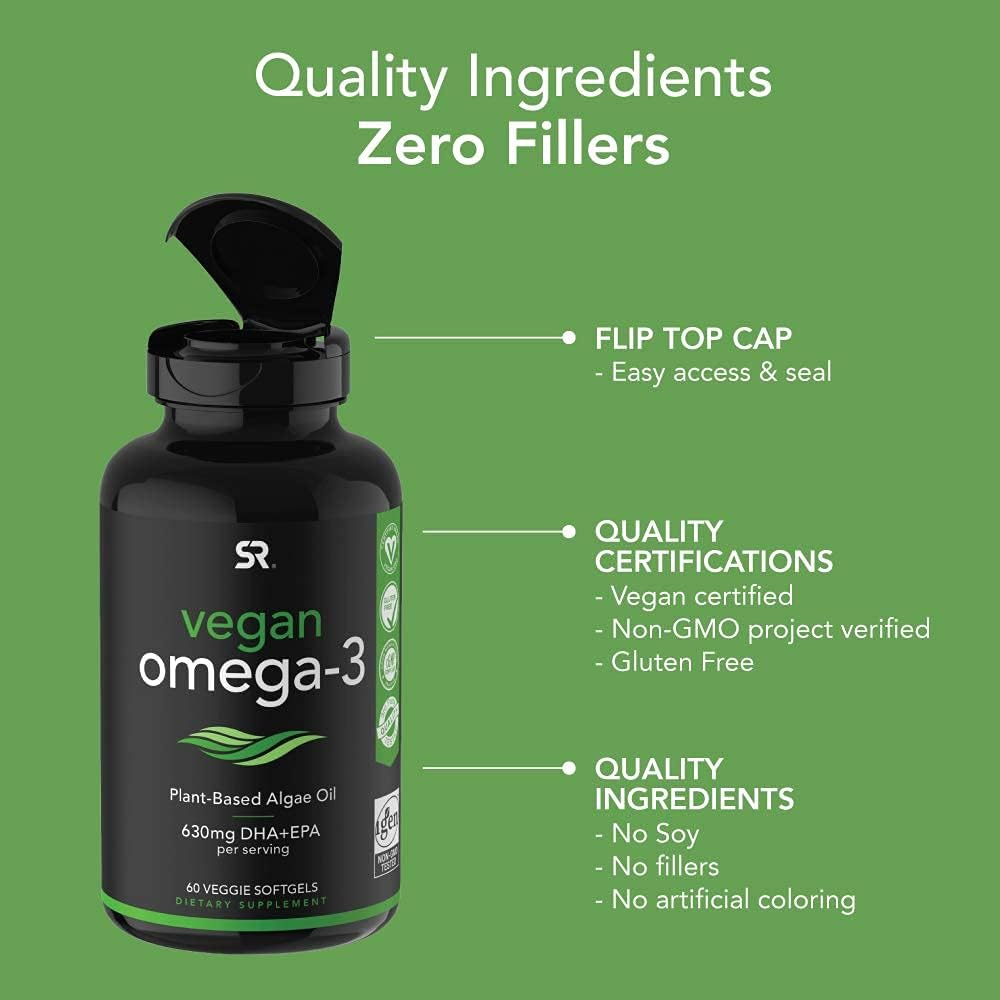 Vegan Omega-3 Fish Oil Alternative sourced from Algae Oil | Highest Levels of Vegan DHA & EPA Fatty Acids | Non-GMO Verified & Vegan Certified - 60 Veggie Softgels (Carrageenan Free): Health & Personal Care