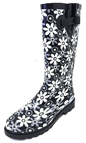 G4U Women's Rain Boots Multiple Styles Color Mid Calf Wellies Buckle Fashion Rubber Knee High Snow Shoes (8 B(M) US, Black/White Flowers)
