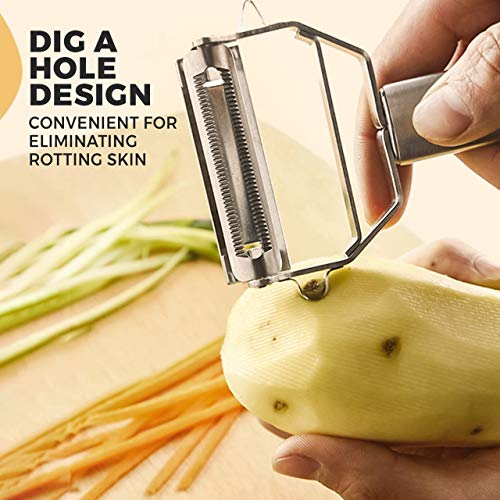 Stainless Steel Potato Ricer with Multi-Function Vegetable Peeler, Potato Stainless Steel Grinder for Mashed Potatoes, Fruits and More- 3 Interchangeable Discs, 2 Pack (Potato Ricer + Potato Peeler)