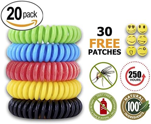 Mosquito Repellent Bracelet Insect & Bug Repellent Bands,100% Natural,Keeps Pests & Bugs Away From Kids, Adults, Adjustable Wristbands for Indoor and Outdoor 20 pack with FREE BONUS 30 patches