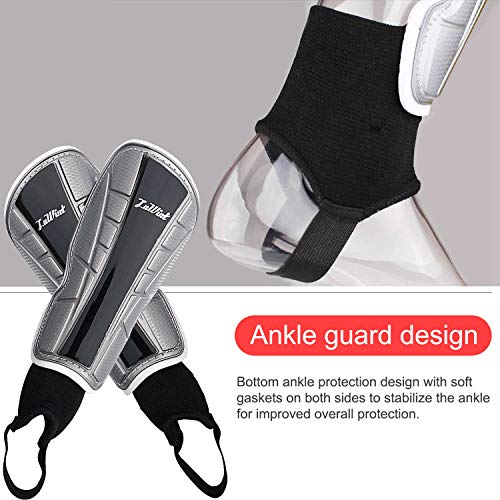 Chanvoo Youth Soccer Shin Guards, Professional Sports Protective Gear Soccer Equipment for 6-12 Years Old Kids, Toddlers, Youths, Men, Women, Boys, Girls. (Silver Black (with Ankle Strap)) - Thumbnail 5