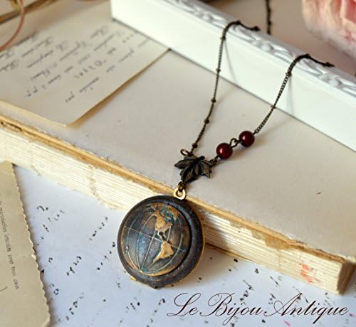 USA map Locket necklace World globe vintage oxidized Western hemisphere