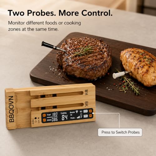 BBQOVN WiFi Sub-1G Wireless Meat Thermometer Unlimited Range 7 NIST Certified Sensors with Ambient Temp 2 Temp Monitoring Ways Digital Smart Base and App for BBQ, Smoker, Grill, Oven (Dual Probes)