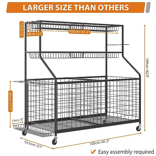 Gadroad Garage Sports Equipment Organizer, Ball Storage Rack, Sports Gear Storage, Garage Ball Storage, Garage Organizer with Baskets and Hooks, Rolling Sports Ball Storage Cart, Black