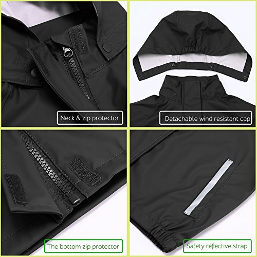 Andake Kids Rain Suit, Waterproof Rain Jacket and Bib Overall (Black, S (4-5Y))