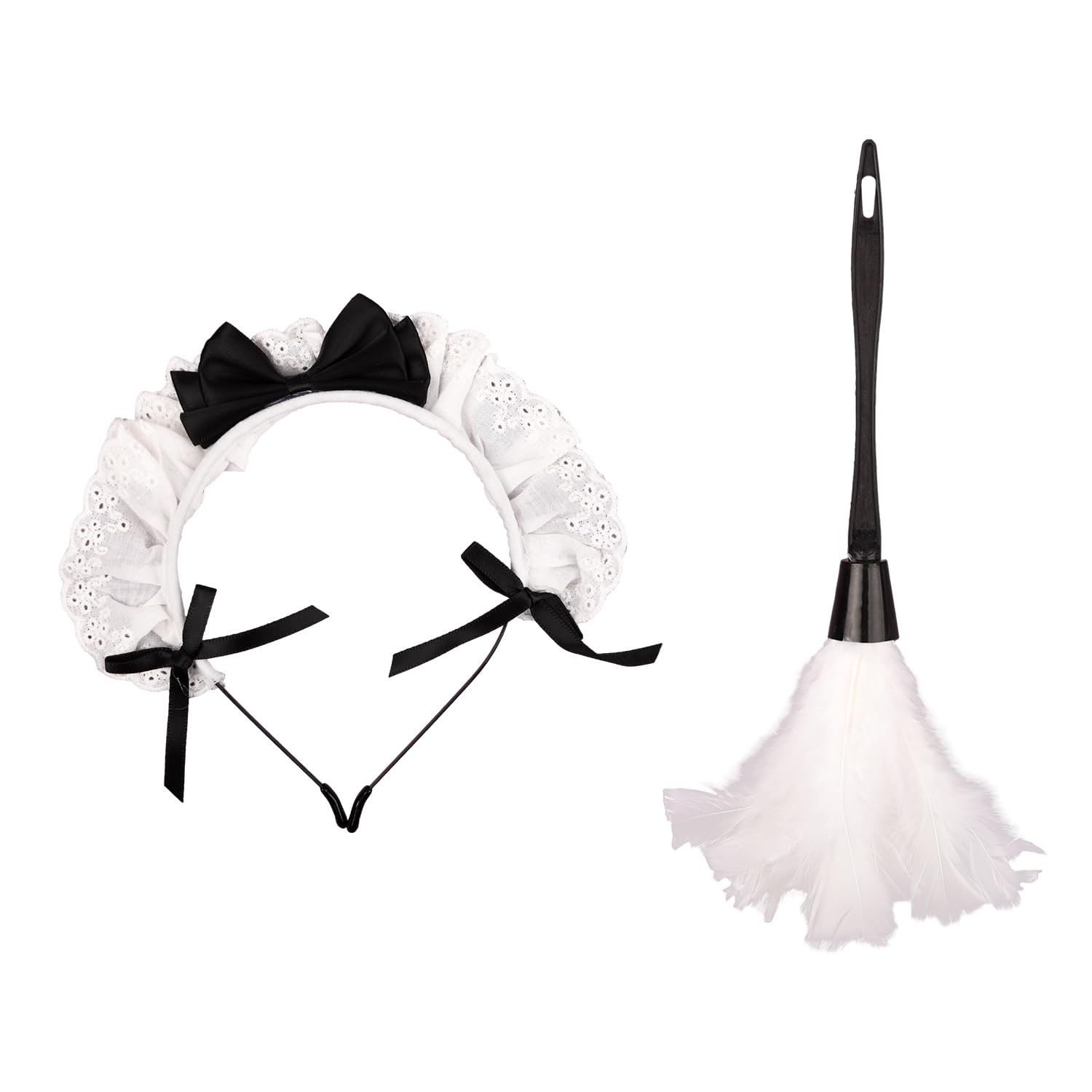 MEISH 2 Pack French Maid Accessory Set Accessory Ruffled Lace Headband Feather Duster Lolita Headband for Women Girl Halloween Party Decoration