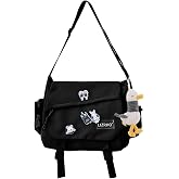 Aesthetic Crossbody Bag with Pins &amp; Cute Accessory Kawaii Japanese Nylon Shoulder Messenger Bag for Women Men (black)