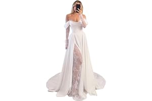 Rjer Off Shoulder Satin Wedding Dresses for Bride Lace Long Sleeve Prom Dresses Ball Gown