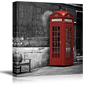 Black and White Photograph with Pop of Red on The Telephone Booth - Canvas Art Home Art - 12x12 inches