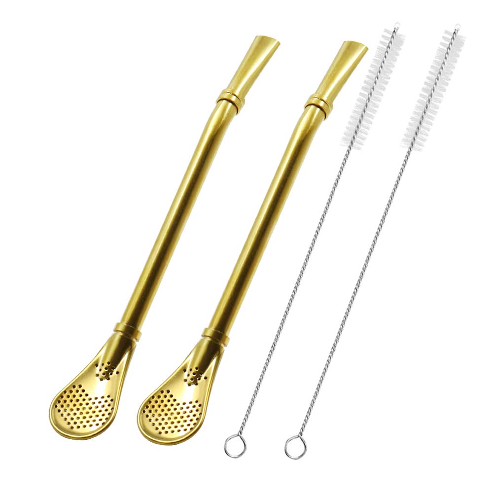 Stainless Steel Drinking Tea Straw Gourd, Set of 2 Mate Bombilla, Loose Leaf Tea Filter Spoon, Swizzle Stick for Iced Tea, Coffee, Cocktail, with 2 Cleaning Brush (Gold)