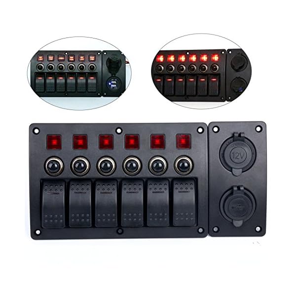 Amarine-made-6-Gang-Red-LED-Indicators-Rocker-Circuit-Breaker-Waterproof-Marine-Boat-Rv-Switch-Panel-Combined-with-Dual-USB-12v-Power-Adapter-Panel-PN-CB6-R-CB1S1S2
