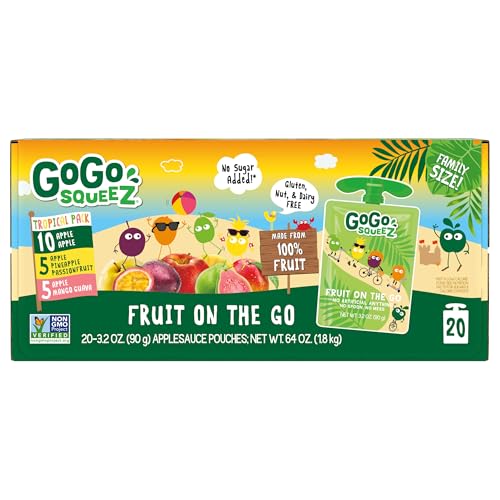 GOGO SQUEEZ APPLESAUCE AND FRUIT PUREE VARIETY PACK, APPLE, MANGO GUAVA & PINEAPPLE PASSIONFRUIT, 3.2 OZ (PACK OF 20), UNSWEETENED FRUIT SNACKS FOR KIDS, NO GLUTEN, NUT & DAIRY, BPA FREE POUCHES