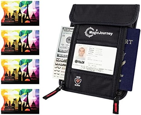 Travel Neck Pouch with 4x RFID Blocking Card Sleeves by MagicJourney - Feel Safe and Comfortable (Black Neck Pouch)