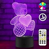 Night Lights for Kids Teddy Bear 7 Colors Change with Remote 3D Night Light Help Kids Fell Safe at Night or Gifts for Women or Girls by Easuntec (Teddy Bear Heart)