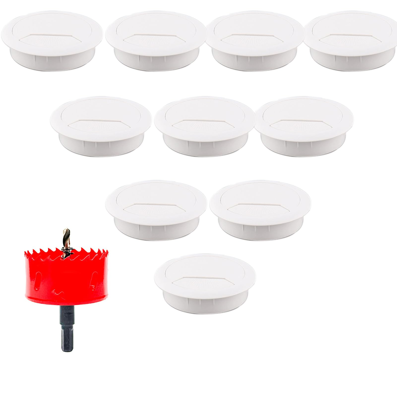 Desk Grommet 10Pcs Set, White Desk Cable Grommets with 60mm Hole Saw, Wire Hole Covers Organizer for Home Office Table